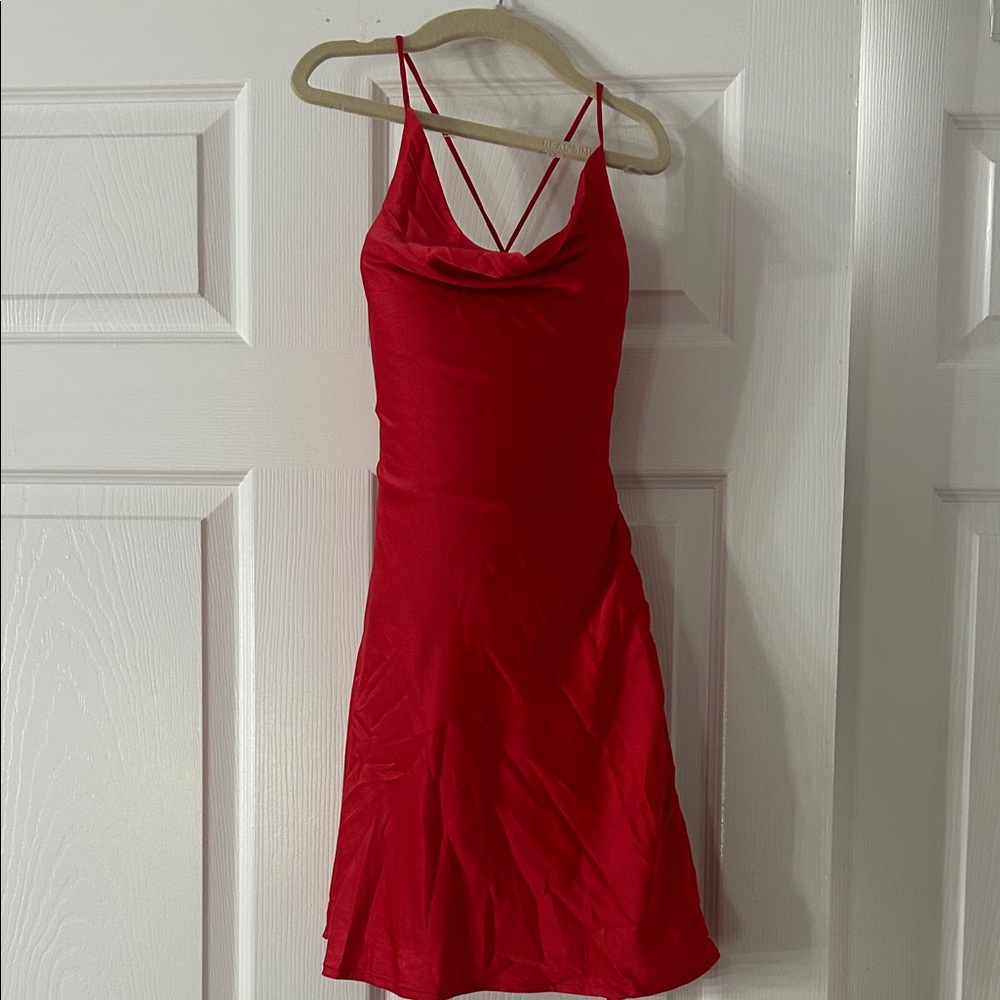 Elegant Red Spaghetti Strap Cowl Neck Open Back Dress